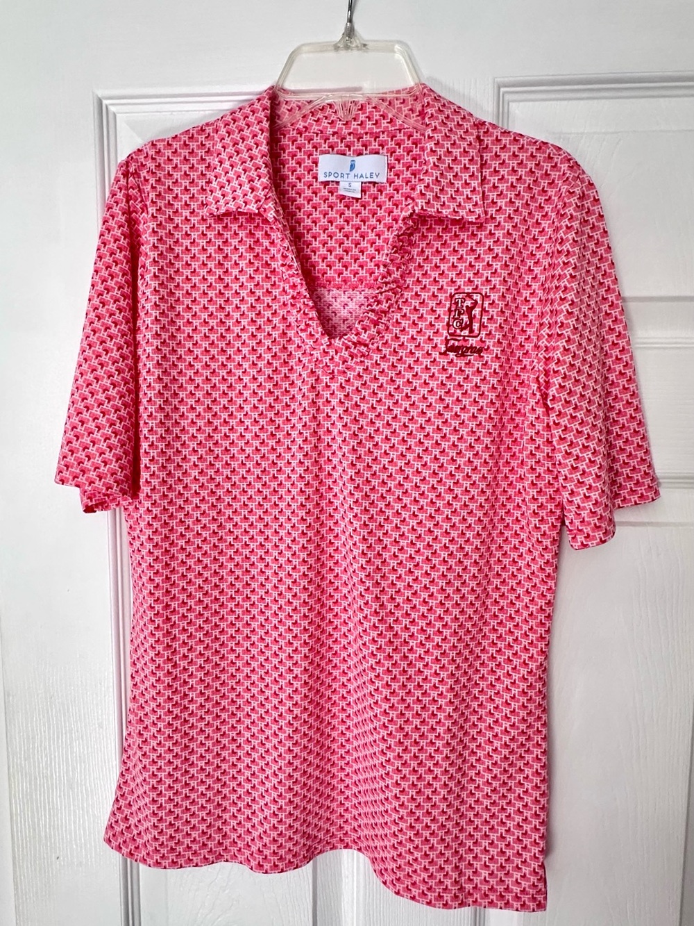 Sport Haley Pink Geometric TPC Sawgrass Short Sleeve Golf Polo